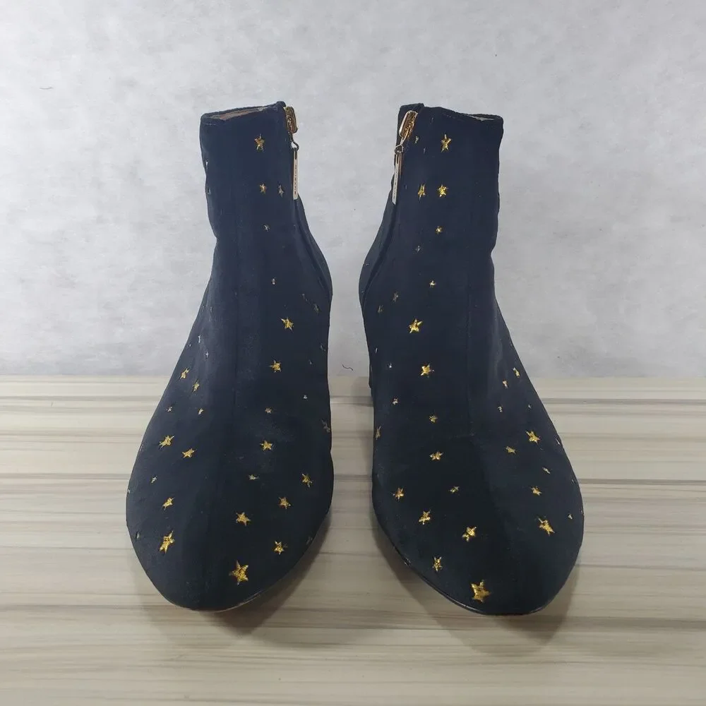 sz 7 Butrich Black Velvet Gold Stars Embroidered Booties Ankle Boots Metallic